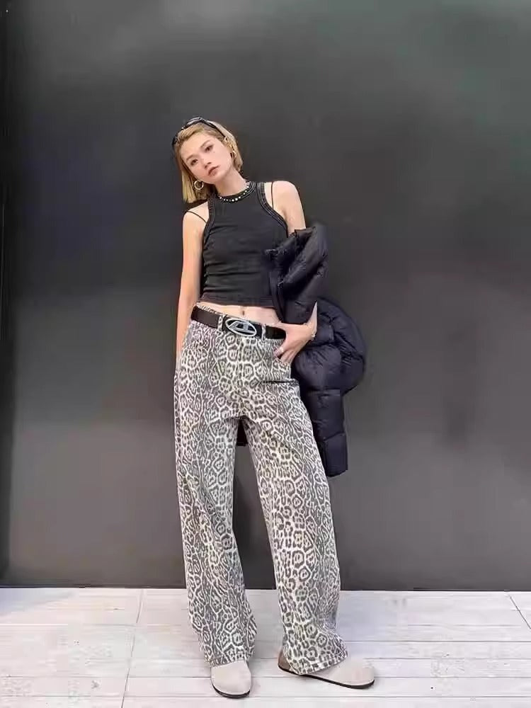 Fedra | Womens Straight Leg Jeans Leopard Print High Waisted Wide Leg Denim
