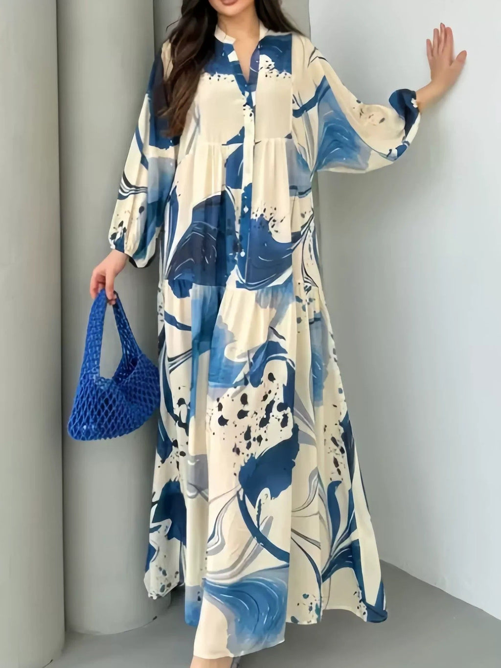 Ulric | Womens Dress Printed Long Sleeve V Neck Loose Maxi Dress