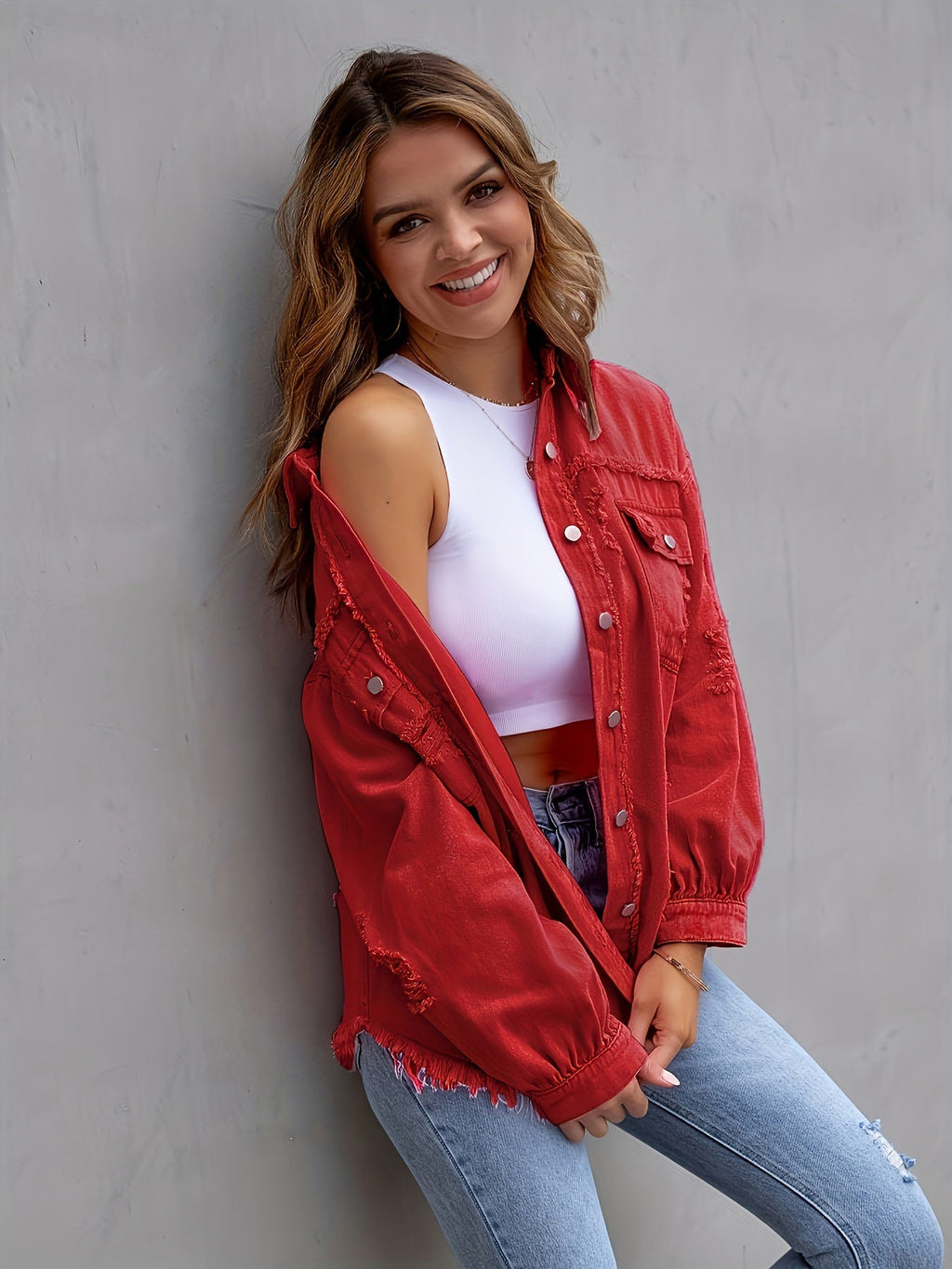 Genevieve | Womens Ripped Longline Denim Jacket
