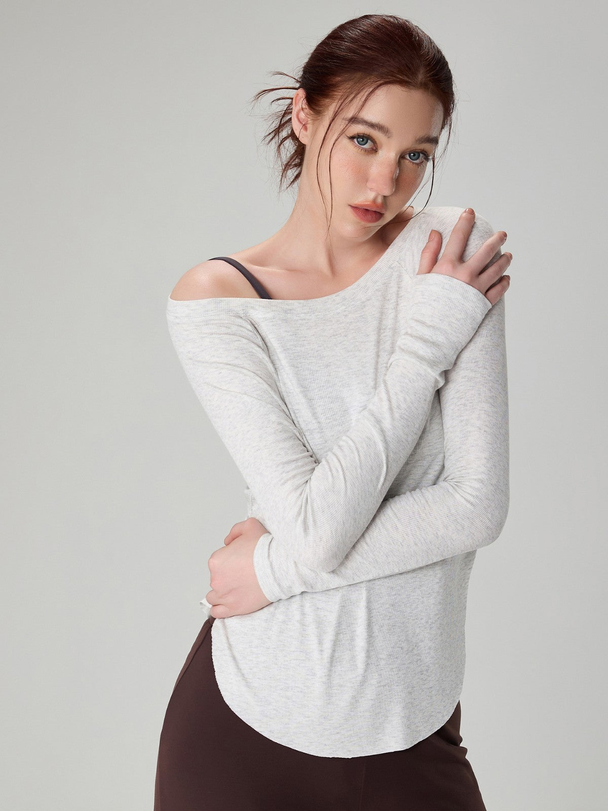 Genevieve | Womens Yoga Top Ribbed Off Shoulder Long Sleeve Fitness Top