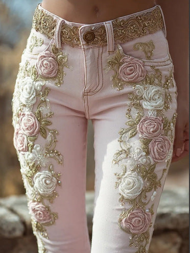 Rosalind | Womens Trousers Faux Denim Embroidered Casual Pants