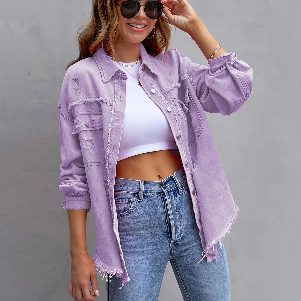 Genevieve | Womens Ripped Longline Denim Jacket