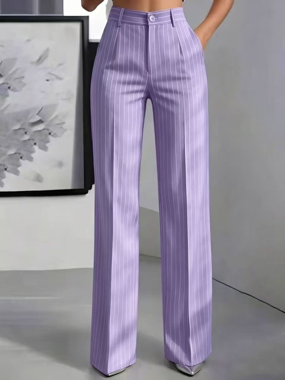 Briony | Womens Work Wide Leg High Waisted Striped Trousers - 15