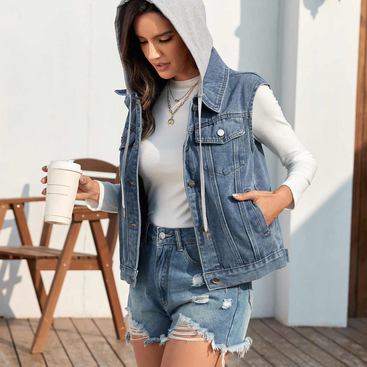 Genevieve | Womens Hooded Denim Gilet