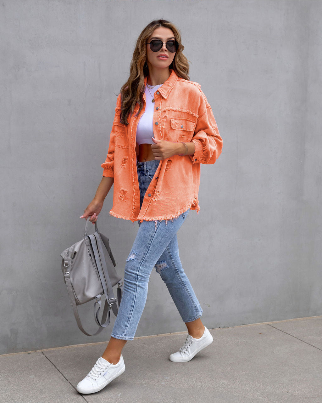 Clarissa | Womens Longline Distressed Denim Jacket