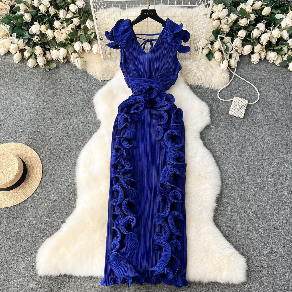 Mireille | Womens Wedding Guest Dress Pleated Ruffle Evening Maxi Dress