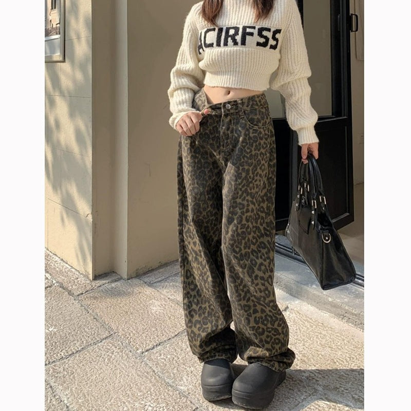 Greta | Womens High Waisted Jeans Leopard Print Straight Leg Slim Denim