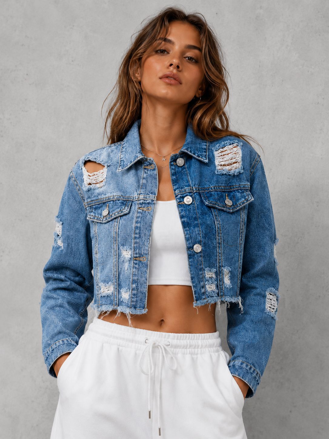 Elowen | Womens Distressed Cropped Denim Jacket