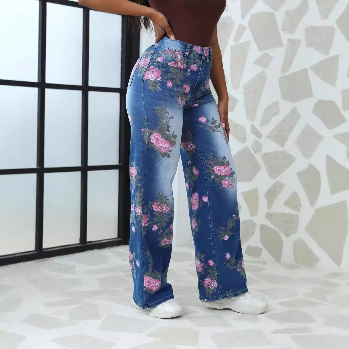 Thea | Womens Jeans Straight Leg High Waisted Printed Denim
