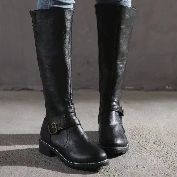 Rhoda | Womens Knee High Boots Heeled Leather Biker Boots - 1