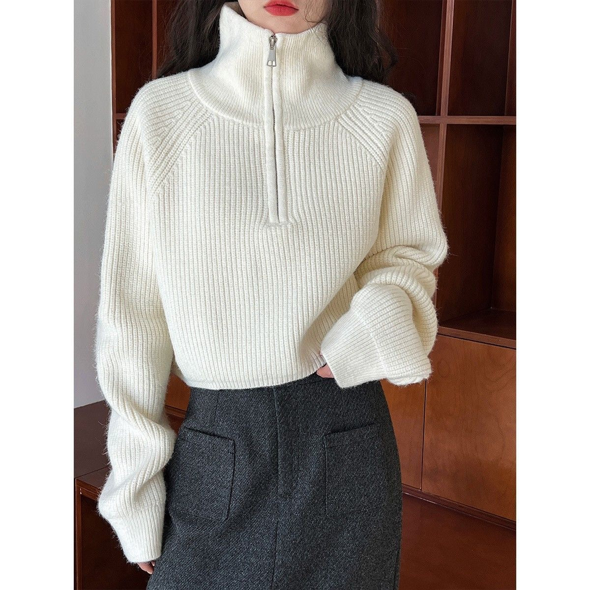 Zephyr | Womens Jumper Knitted Zip Up Loose Turtleneck Warm Sweater