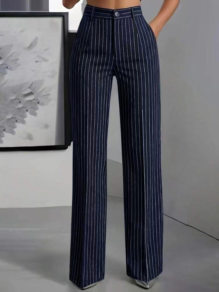 Briony | Womens Work Wide Leg High Waisted Striped Trousers - 4