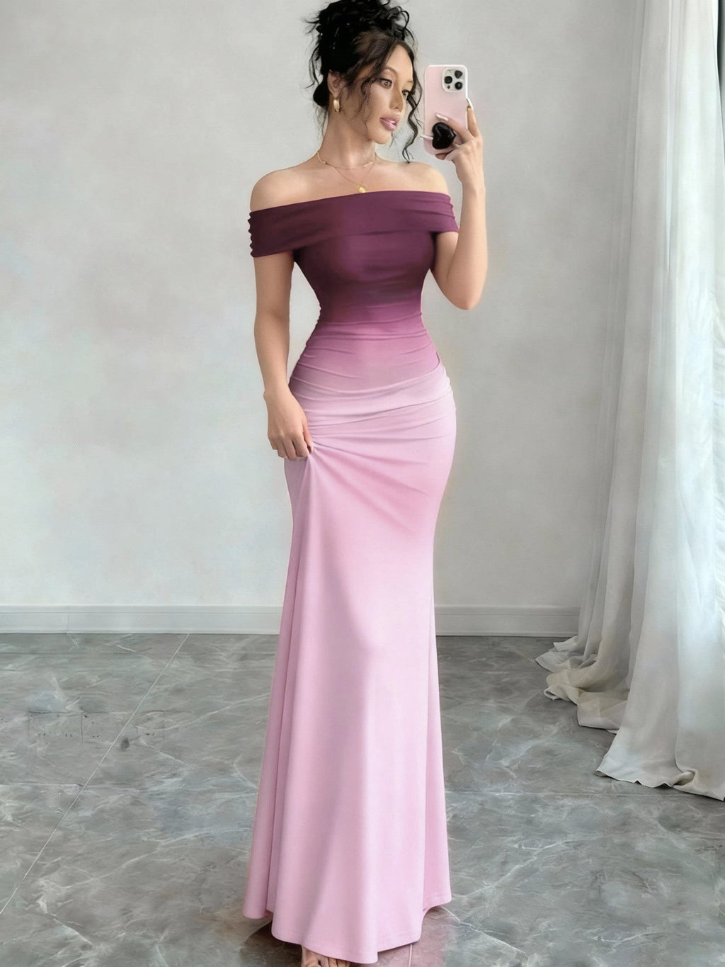 Reggie | Womens Bodycon Dress Short Sleeve Gradient Off Shoulder Long Dress