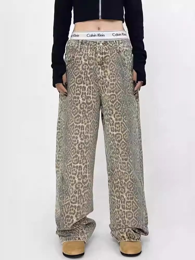 Fedra | Womens Straight Leg Jeans Leopard Print High Waisted Wide Leg Denim
