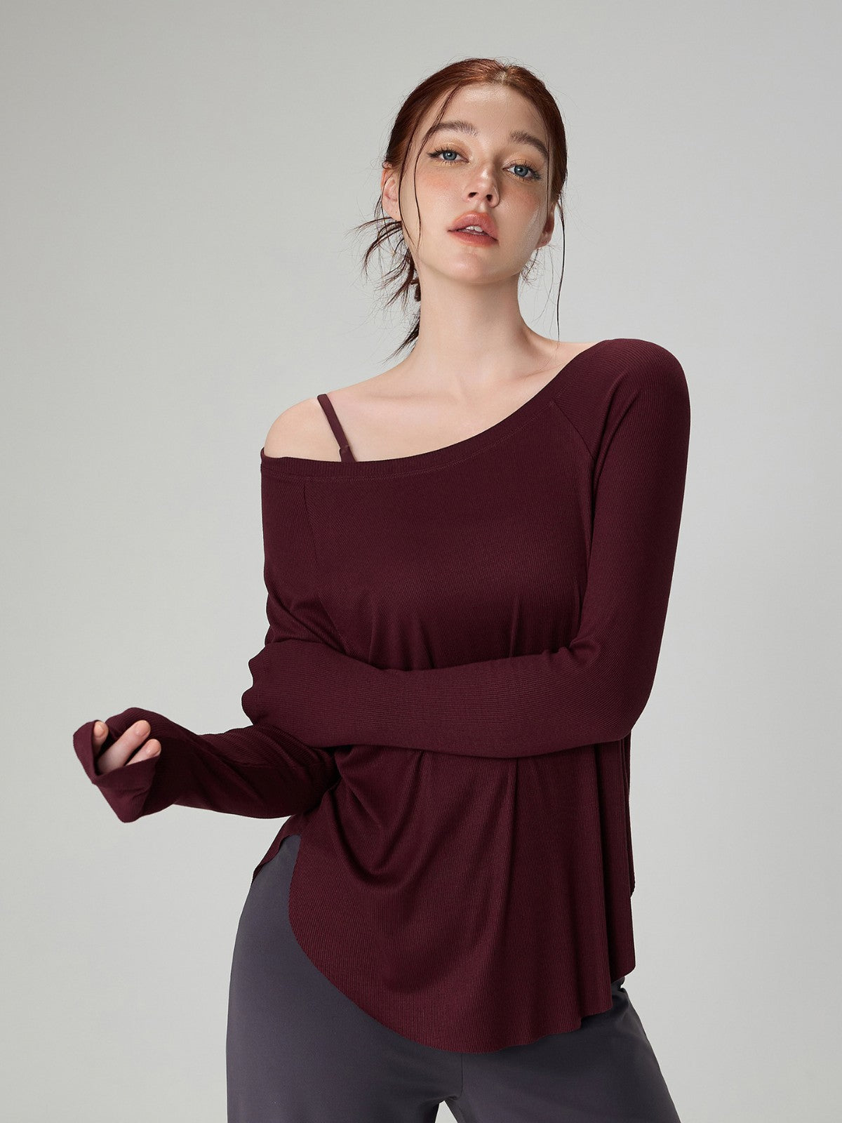 Genevieve | Womens Yoga Top Ribbed Off Shoulder Long Sleeve Fitness Top
