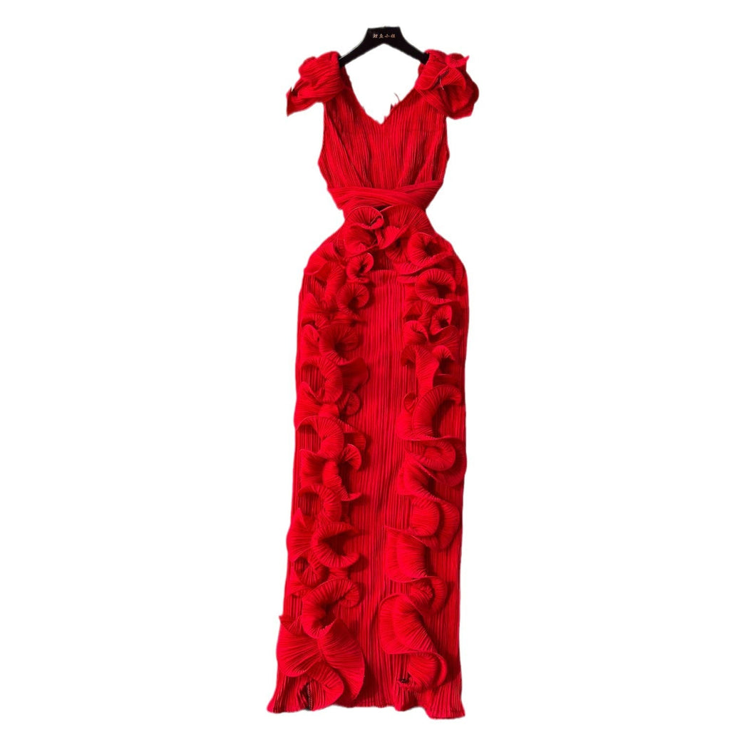 Mireille | Womens Wedding Guest Dress Pleated Ruffle Evening Maxi Dress