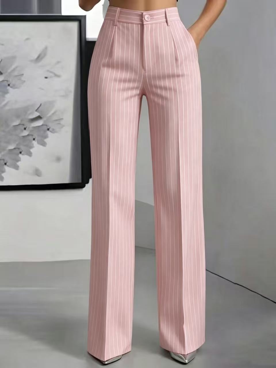 Briony | Womens Work Wide Leg High Waisted Striped Trousers - 10