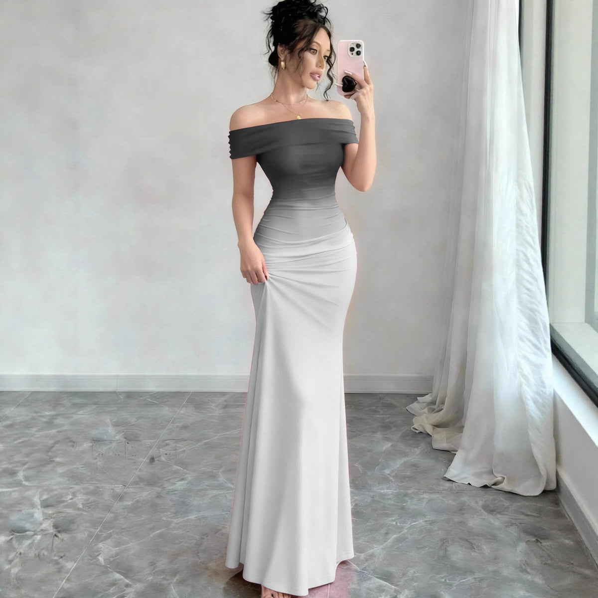 Reggie | Womens Bodycon Dress Short Sleeve Gradient Off Shoulder Long Dress