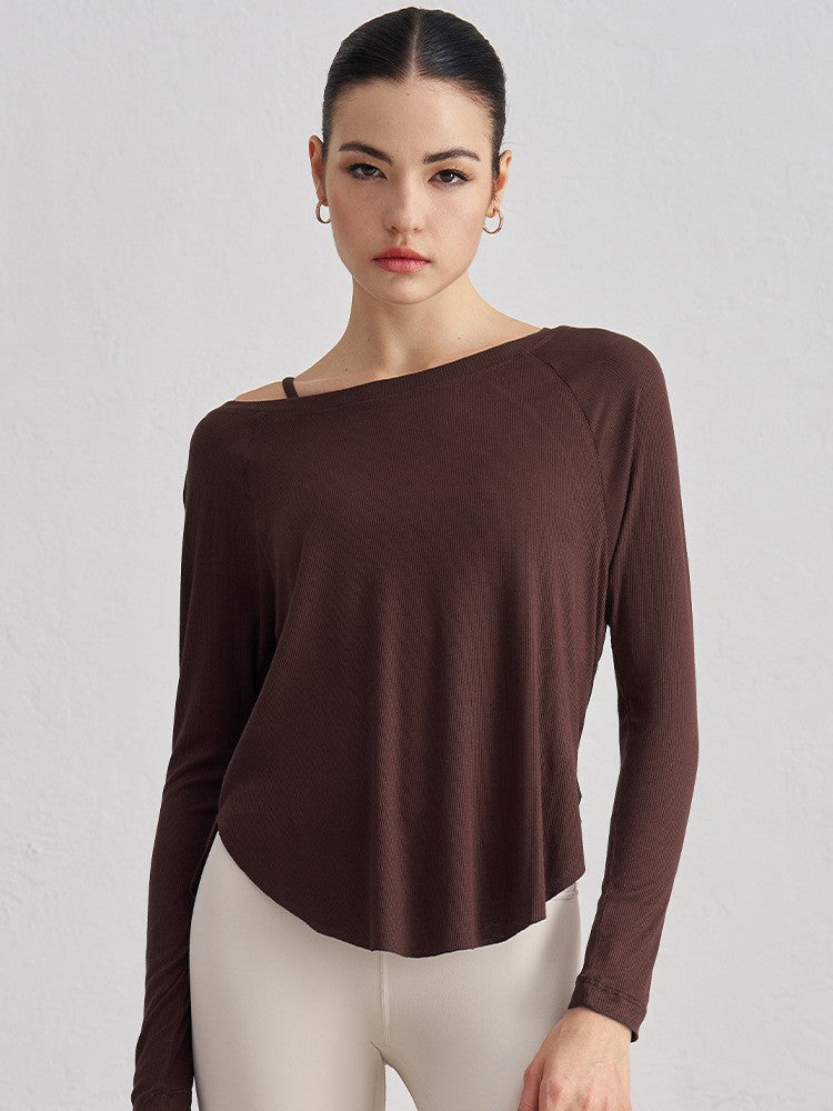 Genevieve | Womens Yoga Top Ribbed Off Shoulder Long Sleeve Fitness Top
