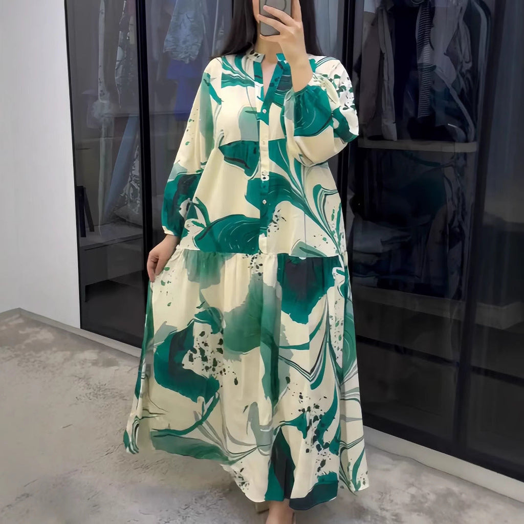 Ulric | Womens Dress Printed Long Sleeve V Neck Loose Maxi Dress