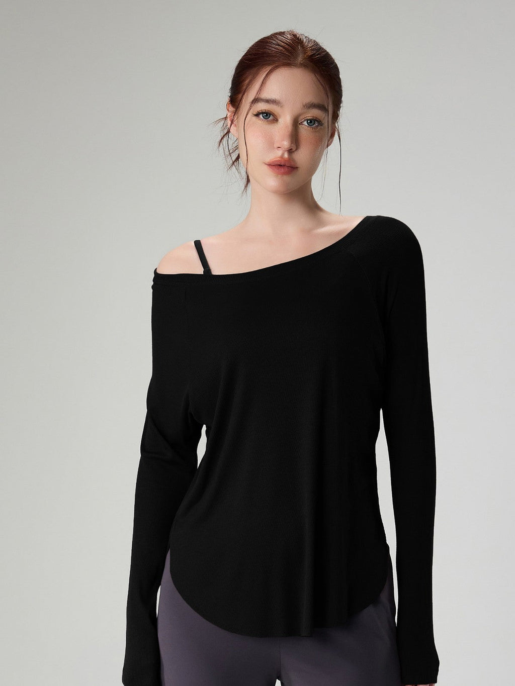 Genevieve | Womens Yoga Top Ribbed Off Shoulder Long Sleeve Fitness Top