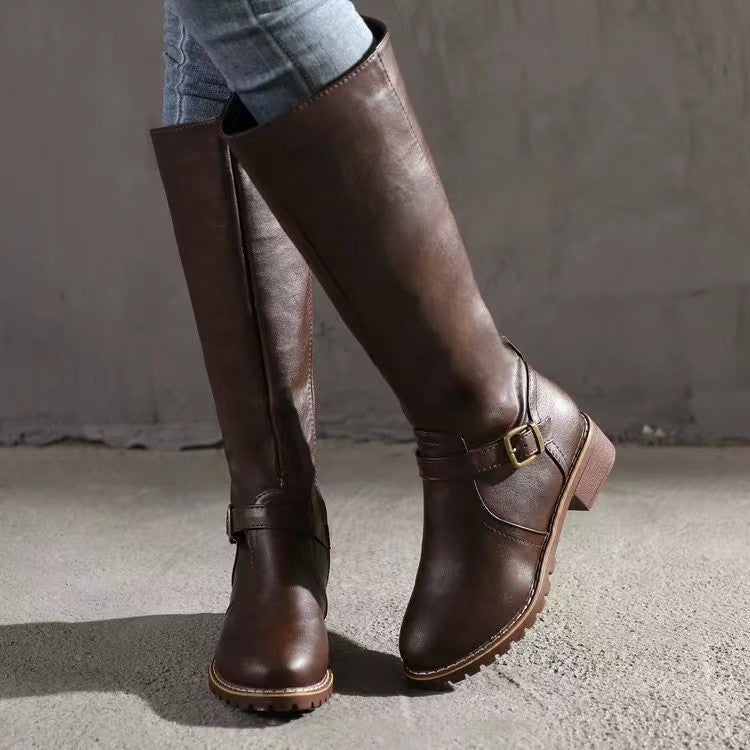 Rhoda | Womens Knee High Boots Heeled Leather Biker Boots - 2