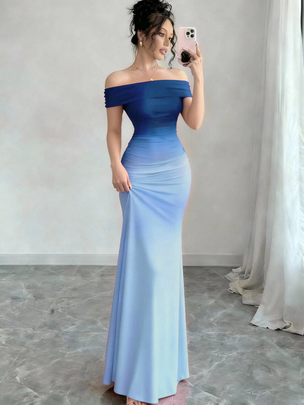 Reggie | Womens Bodycon Dress Short Sleeve Gradient Off Shoulder Long Dress