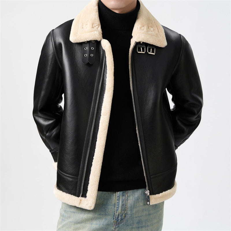 Marius | Mens Leather Shearling Biker Aviator Flight Lined Jacket - 6