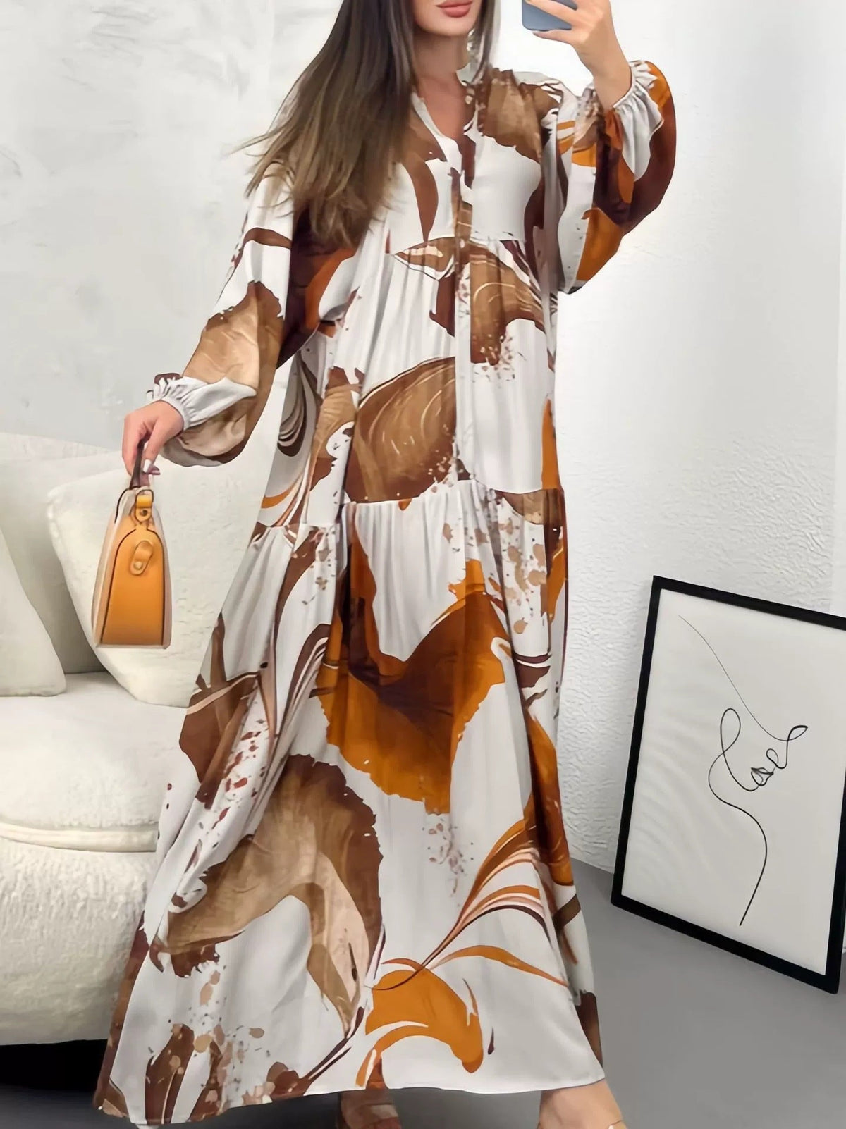 Ulric | Womens Dress Printed Long Sleeve V Neck Loose Maxi Dress