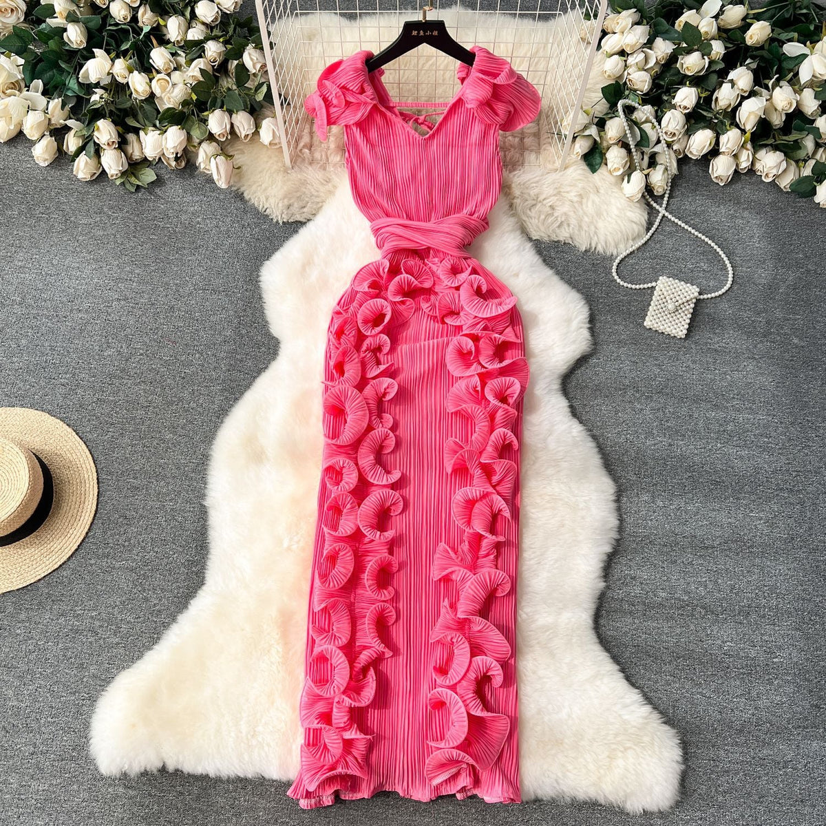 Mireille | Womens Wedding Guest Dress Pleated Ruffle Evening Maxi Dress