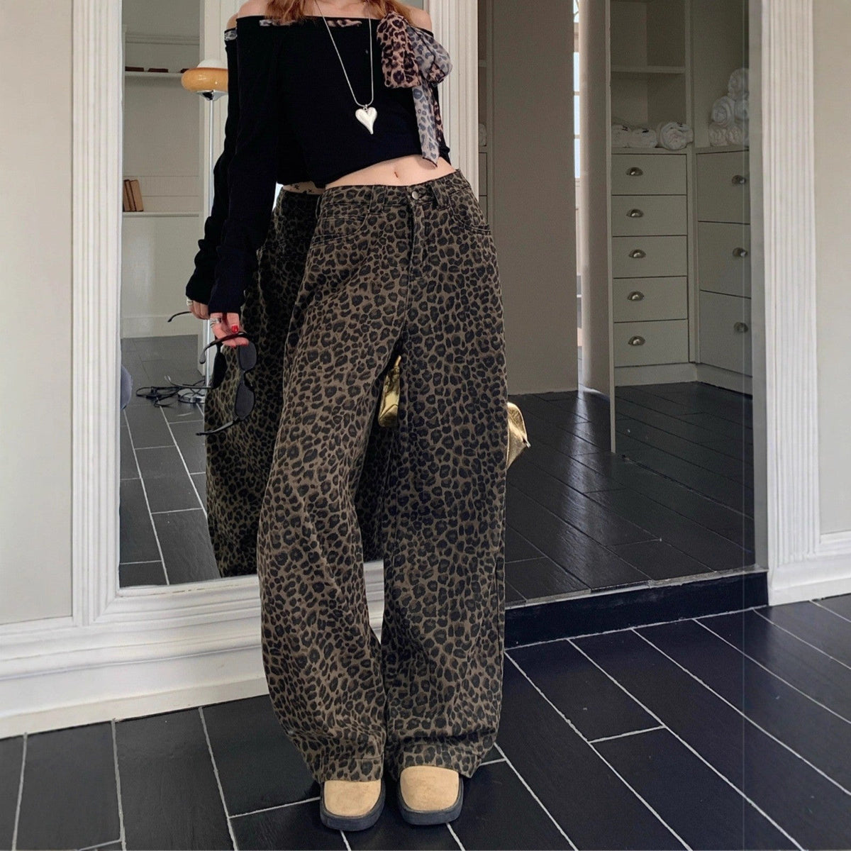 Greta | Womens High Waisted Jeans Leopard Print Straight Leg Slim Denim