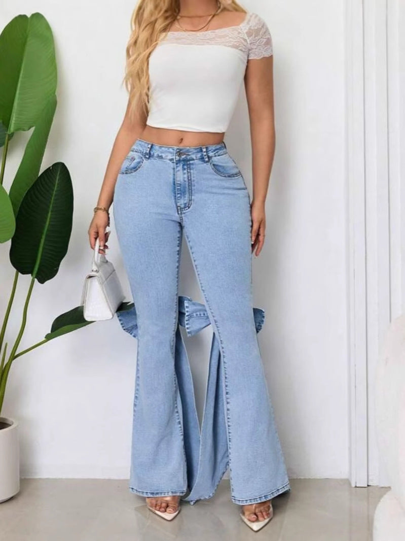 Imogen | Womens Jeans Flare High Waisted Bow Wide Leg Denim