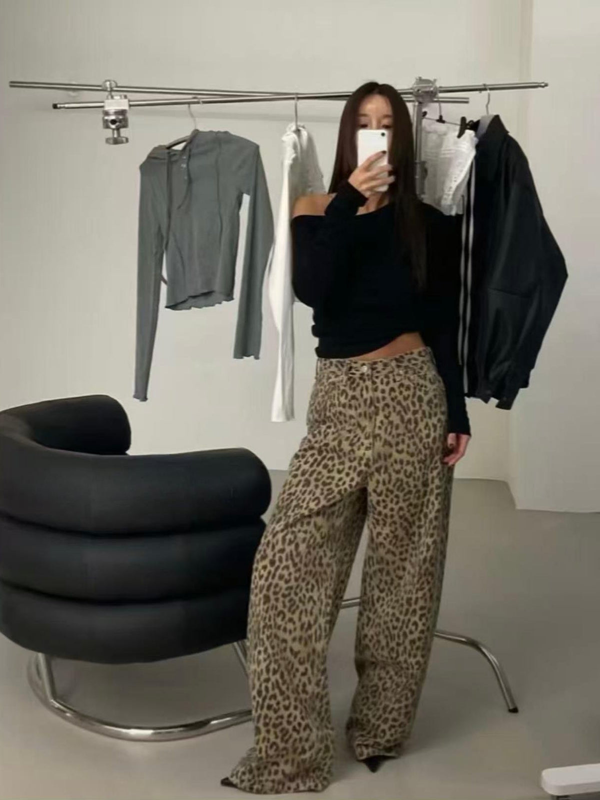Esmee | Womens Wide Leg Jeans High Waisted Leopard Print Straight Leg Denim