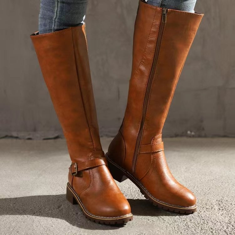 Rhoda | Womens Knee High Boots Heeled Leather Biker Boots - 3