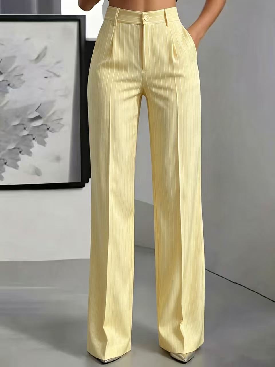 Briony | Womens Work Wide Leg High Waisted Striped Trousers - 13