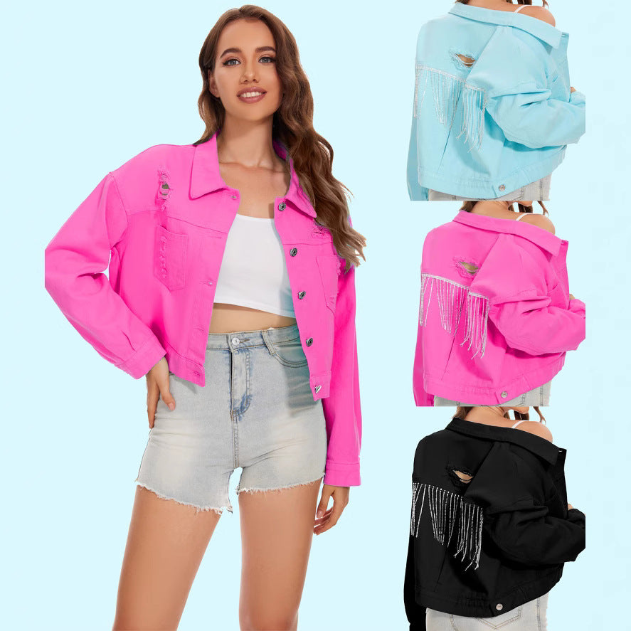Genevieve | Womens Distressed Fringe Denim Jacket