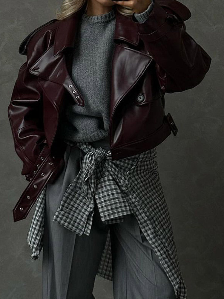 Elowen | Womens Leather Jacket Biker Moto Lapel Jacket