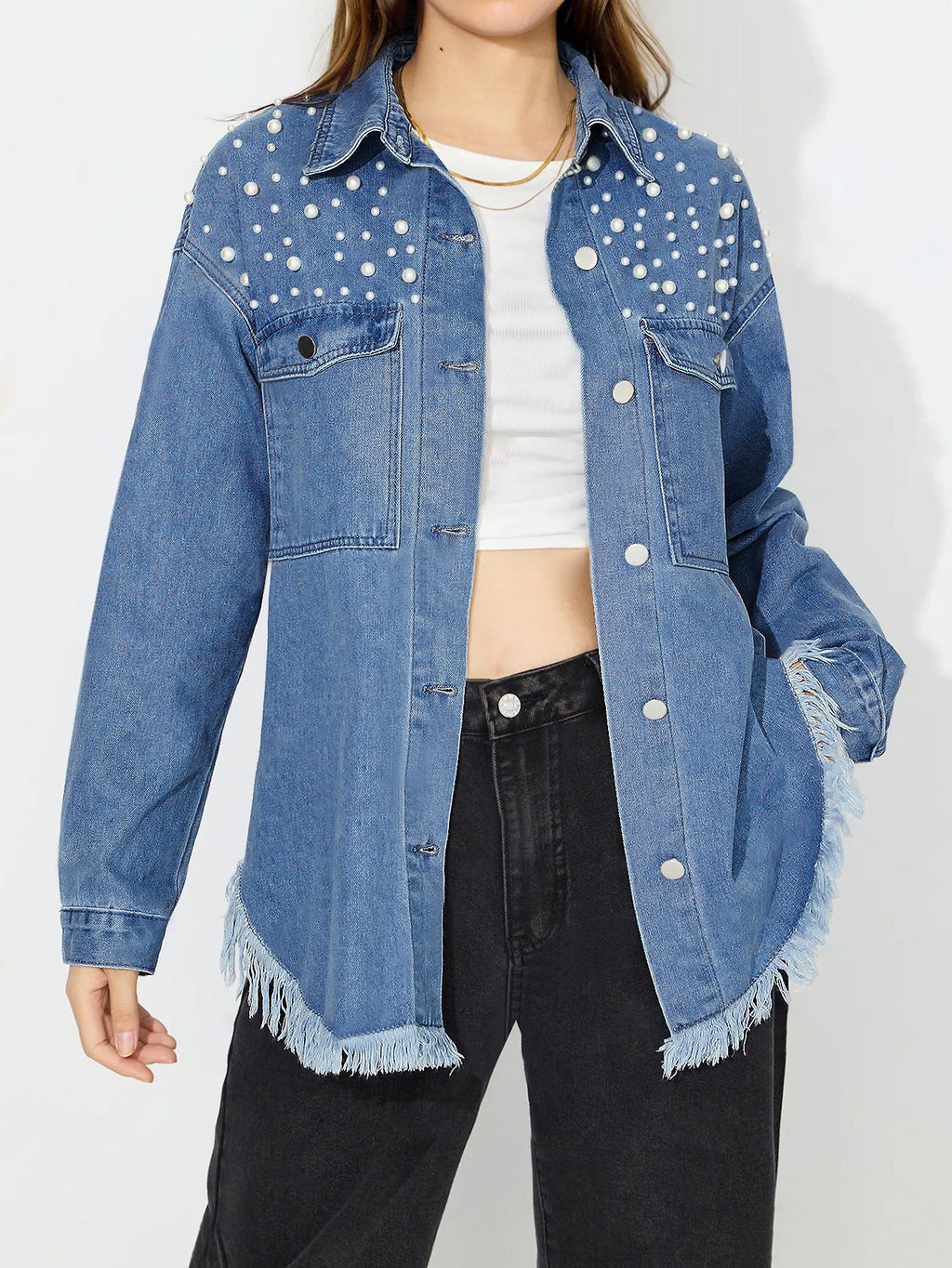 Eleanor | Womens Oversized Beaded Frayed Denim Jacket