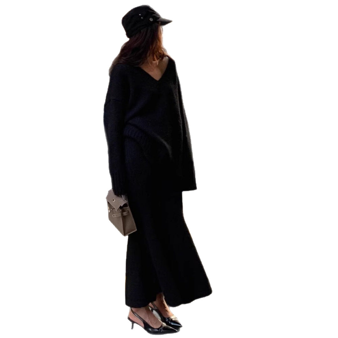 Reuben | Womens Knitted Two Piece Set Jumper Skirt V Neck Loungewear Set