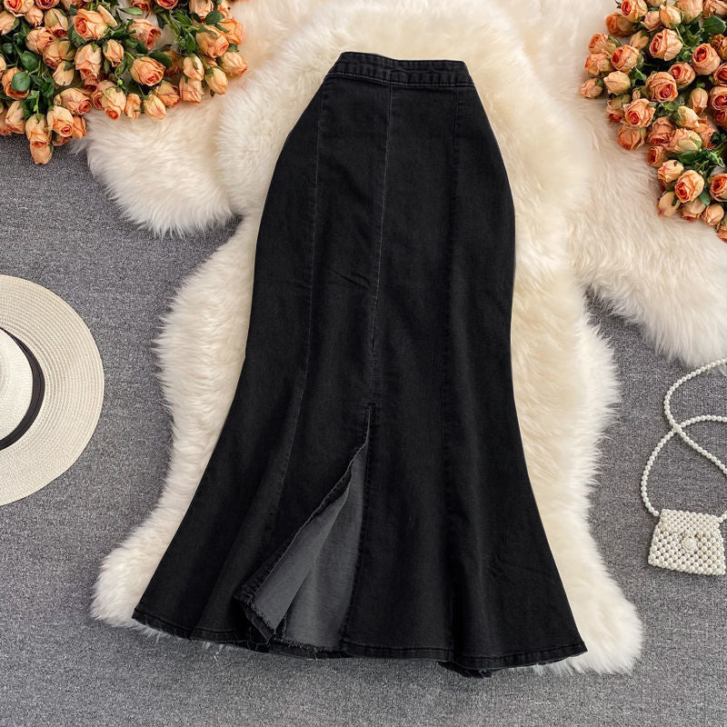 Edmund | Womens Denim Skirt Fishtail Split High Waisted Midi Skirt