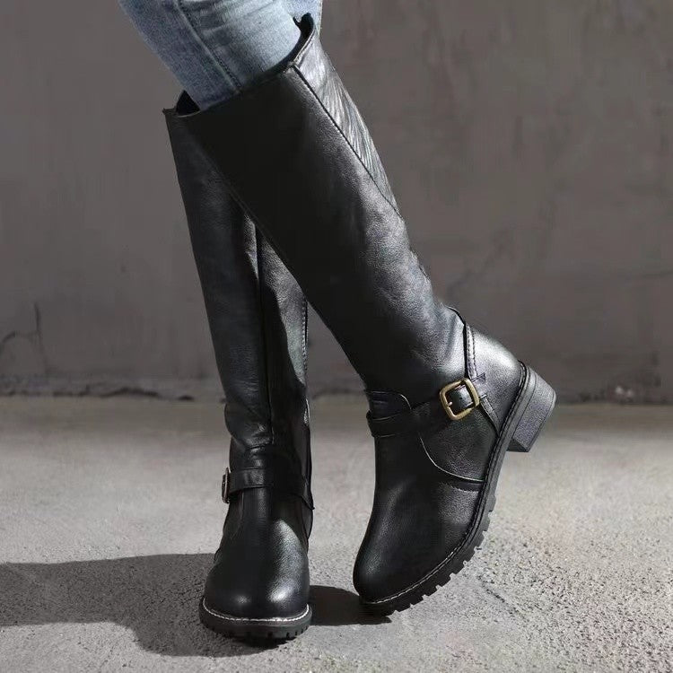Rhoda | Womens Knee High Boots Heeled Leather Biker Boots - 6