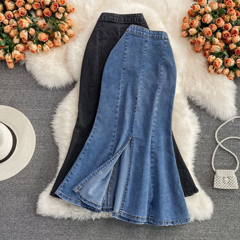 Edmund | Womens Denim Skirt Fishtail Split High Waisted Midi Skirt