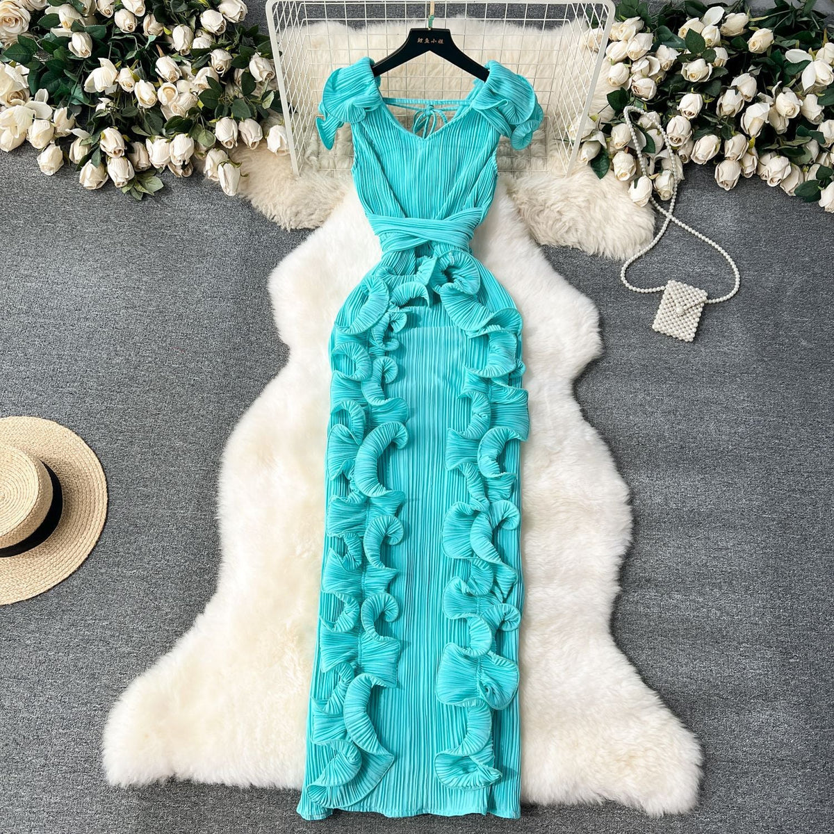 Mireille | Womens Wedding Guest Dress Pleated Ruffle Evening Maxi Dress
