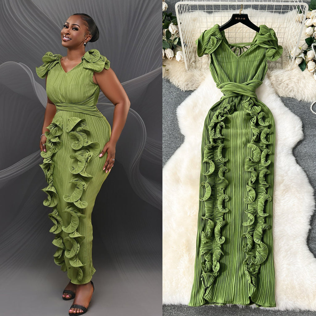 Mireille | Womens Wedding Guest Dress Pleated Ruffle Evening Maxi Dress