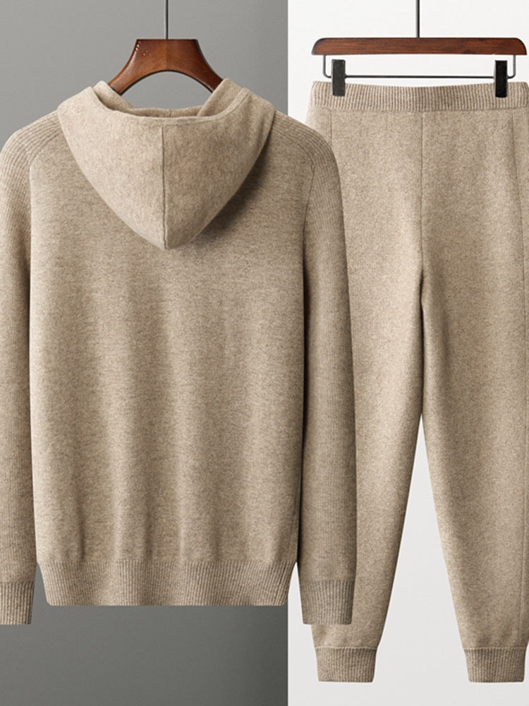 Della | Mens Knitted Tracksuit Two Piece Set Hooded Cardigan Joggers Wool