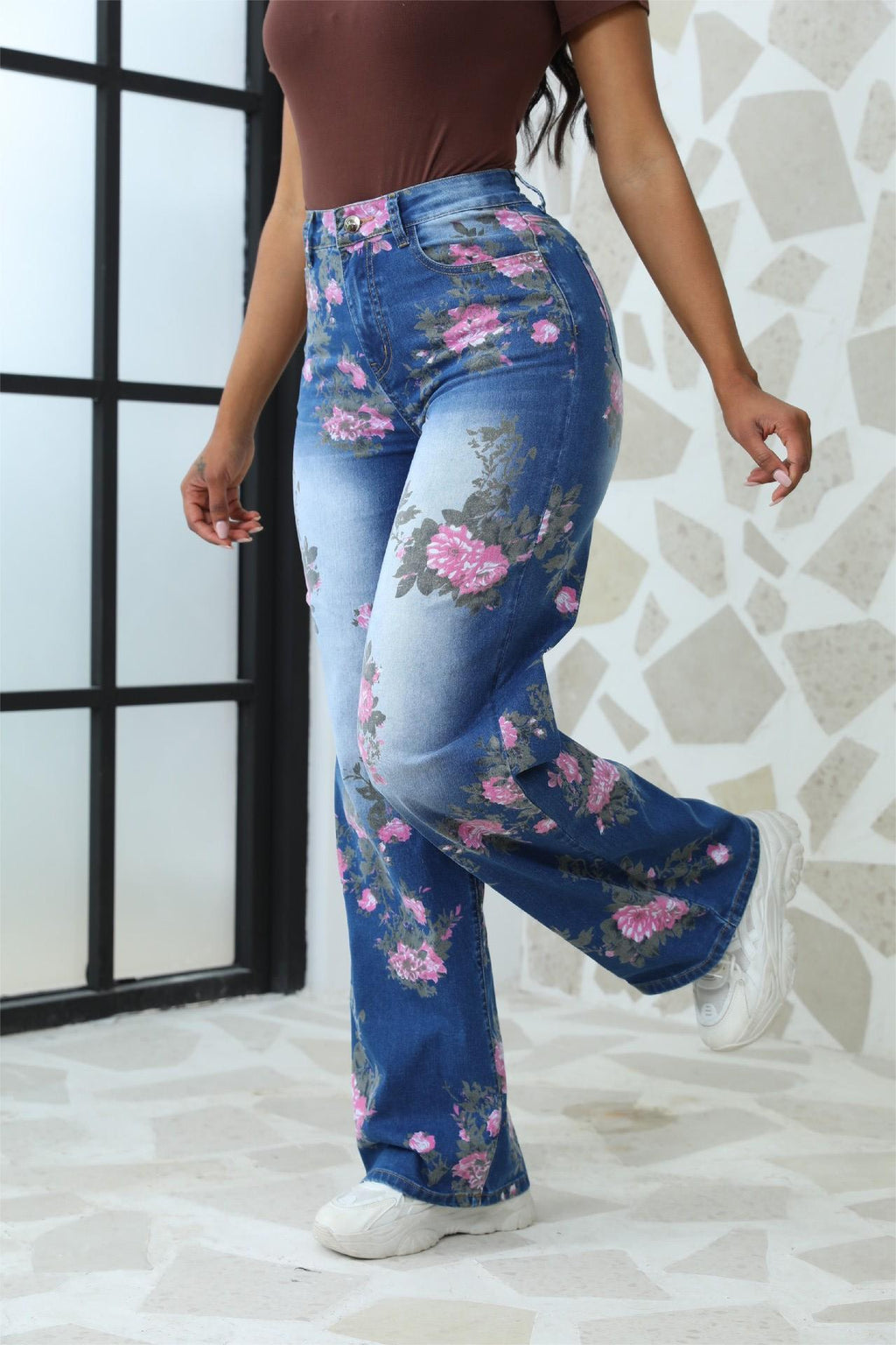 Thea | Womens Jeans Straight Leg High Waisted Printed Denim