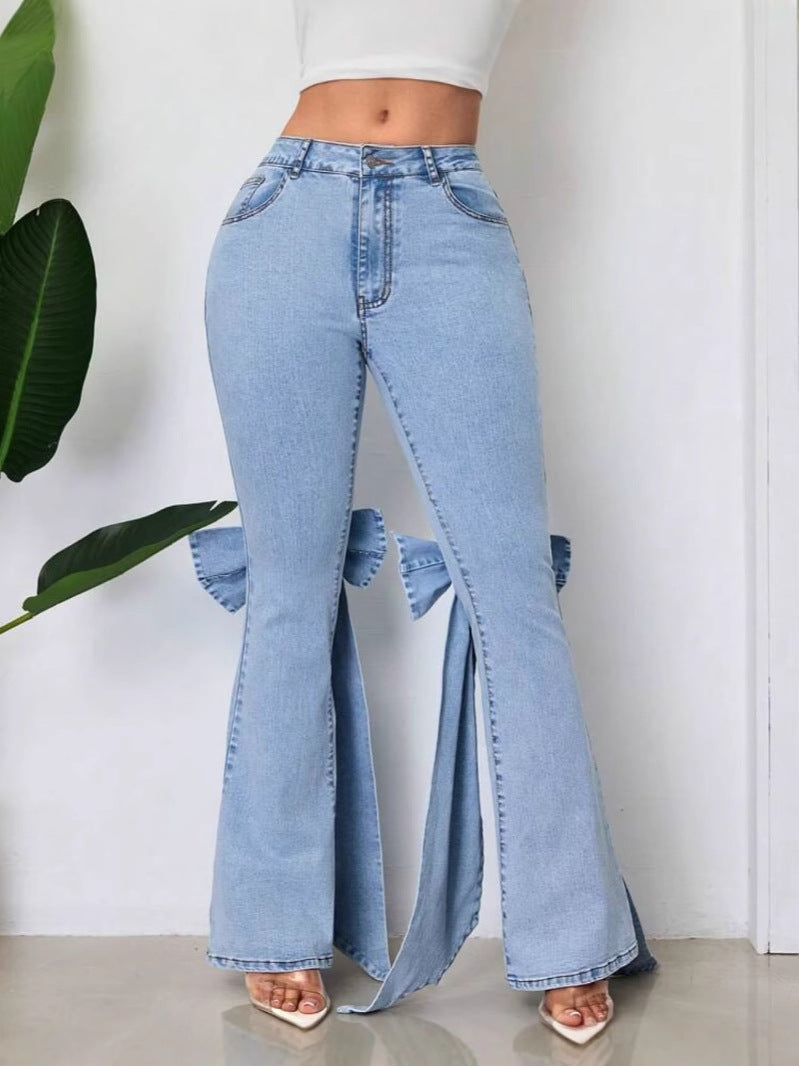 Imogen | Womens Jeans Flare High Waisted Bow Wide Leg Denim