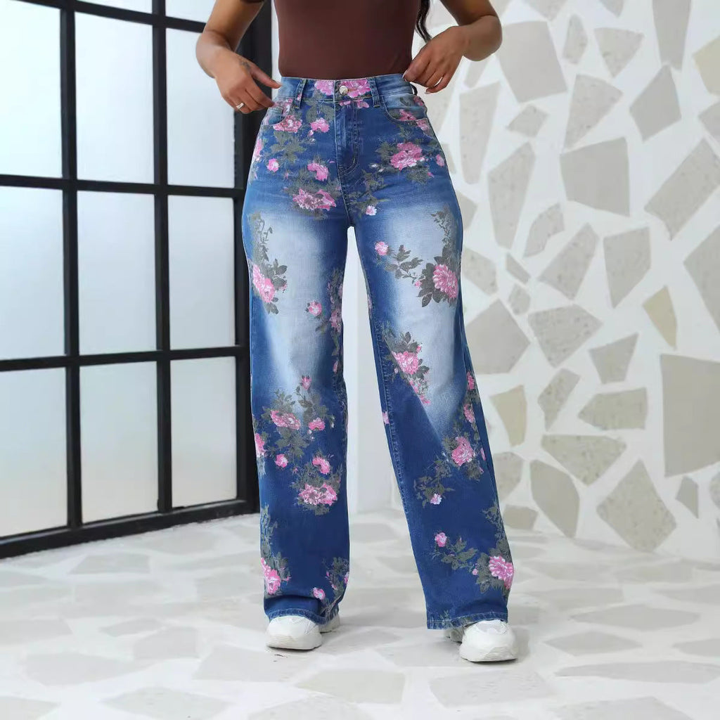 Thea | Womens Jeans Straight Leg High Waisted Printed Denim