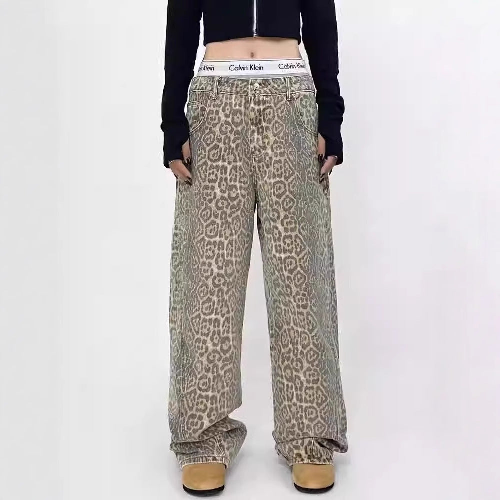 Fedra | Womens Straight Leg Jeans Leopard Print High Waisted Wide Leg Denim