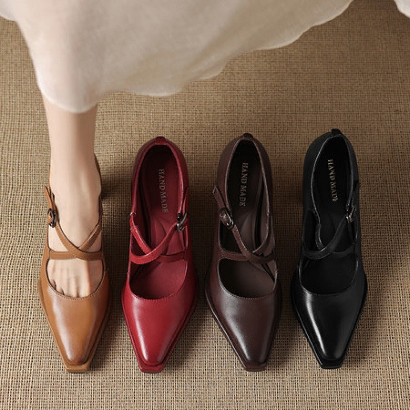 Beatrix | Womens Pointed Toe Chunky Heel Buckle High Heel Shoes - 4